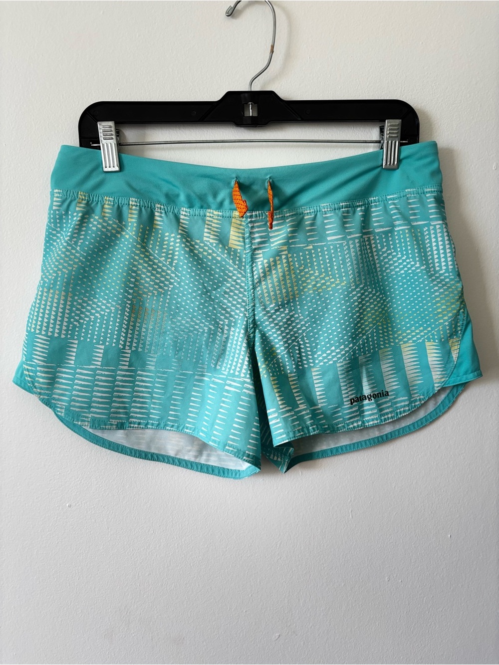 Patagonia Turquoise Patterned Athletic Shorts with Orange Drawcord